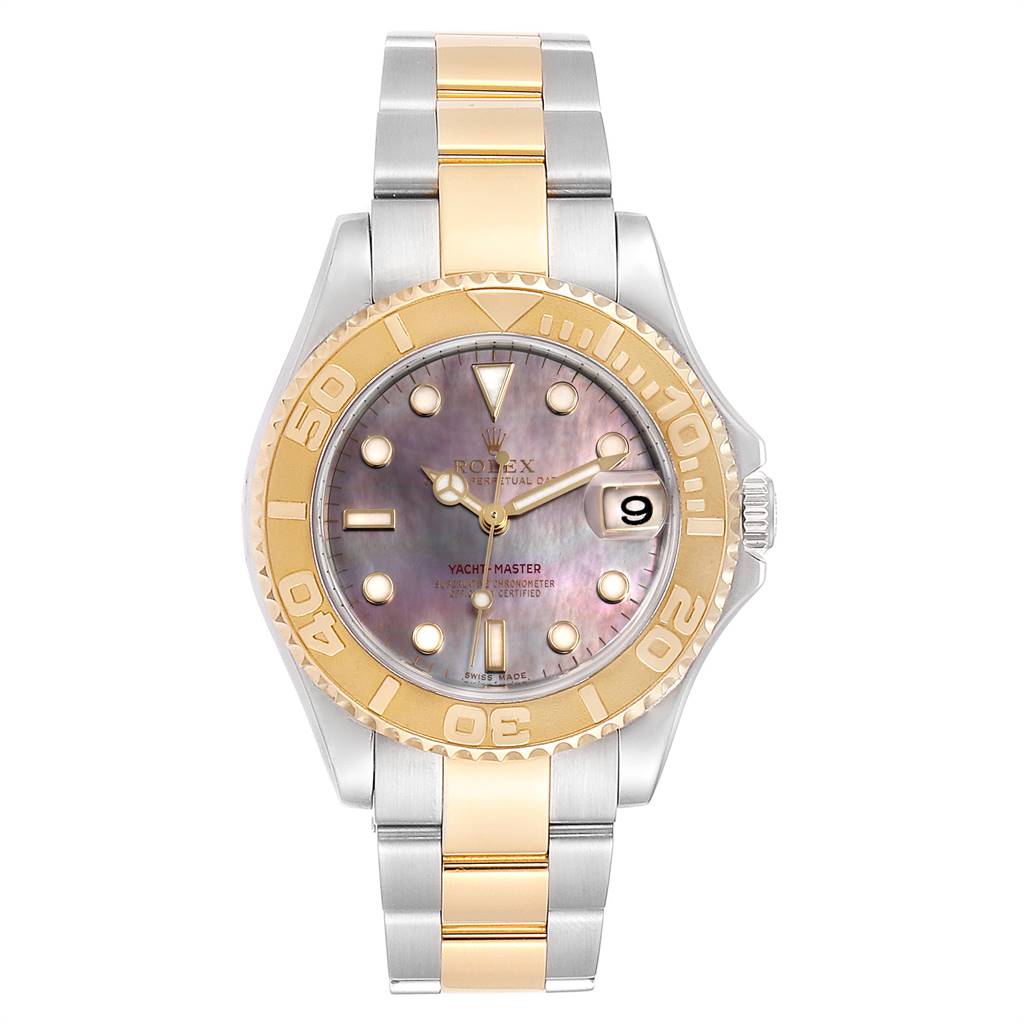 This image shows a front view of a Rolex Yacht-Master 168623 Men
s Steel and Gold (two tone) Mother of Pearl Dial 168623 Men
s Steel and Gold (two tone) Mother of Pearl Dial watch, featuring a two-tone metal bracelet and a mother-of-pearl dial.