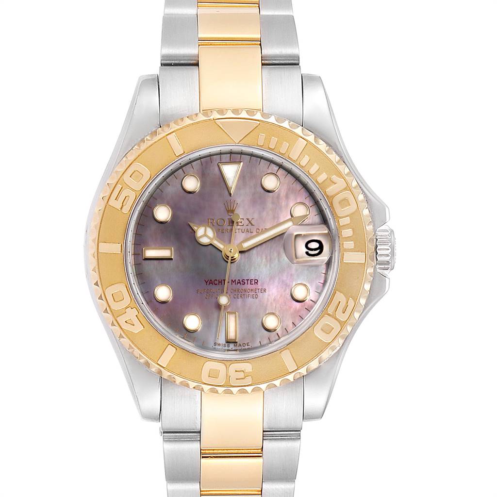 This image shows the front face and bracelet of a Rolex Yacht-Master 168623 Men
s Steel and Gold (two tone) Mother of Pearl Dial 168623 Men
s Steel and Gold (two tone) Mother of Pearl Dial watch, featuring a gold bezel and mother-of-pearl dial.