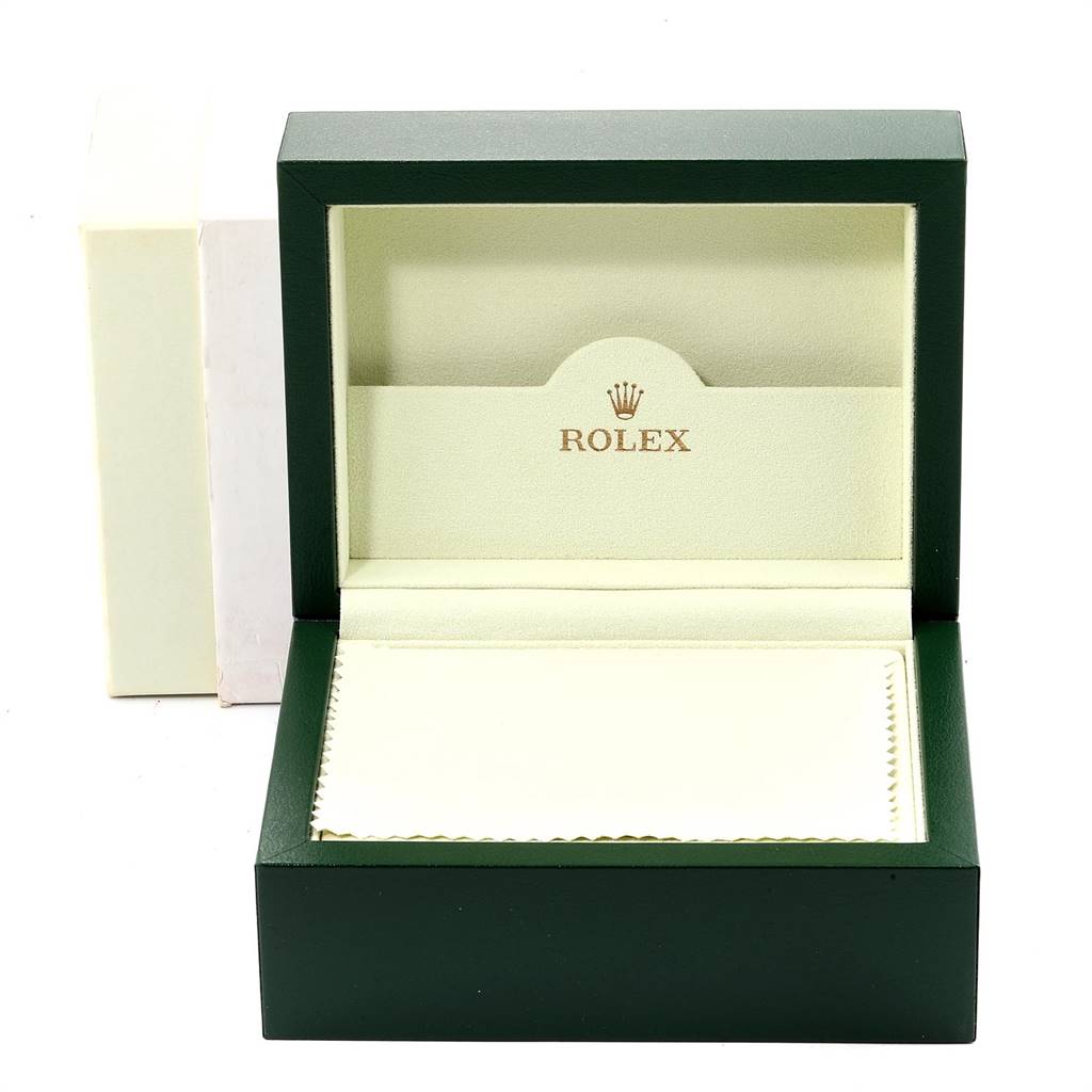 This image shows an open green Rolex box for the Yacht-Master watch, viewed from the front.