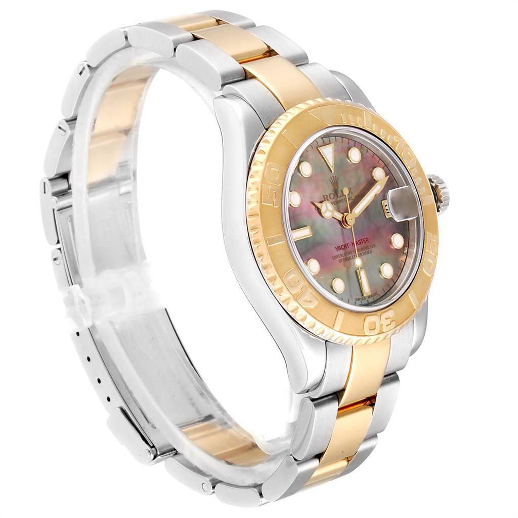 This is a side-angle view of a Rolex Yacht-Master 168623 Men
s Steel and Gold (two tone) Mother of Pearl Dial 168623 Men
s Steel and Gold (two tone) Mother of Pearl Dial watch, showing the two-tone bracelet and bezel, along with the watch dial.