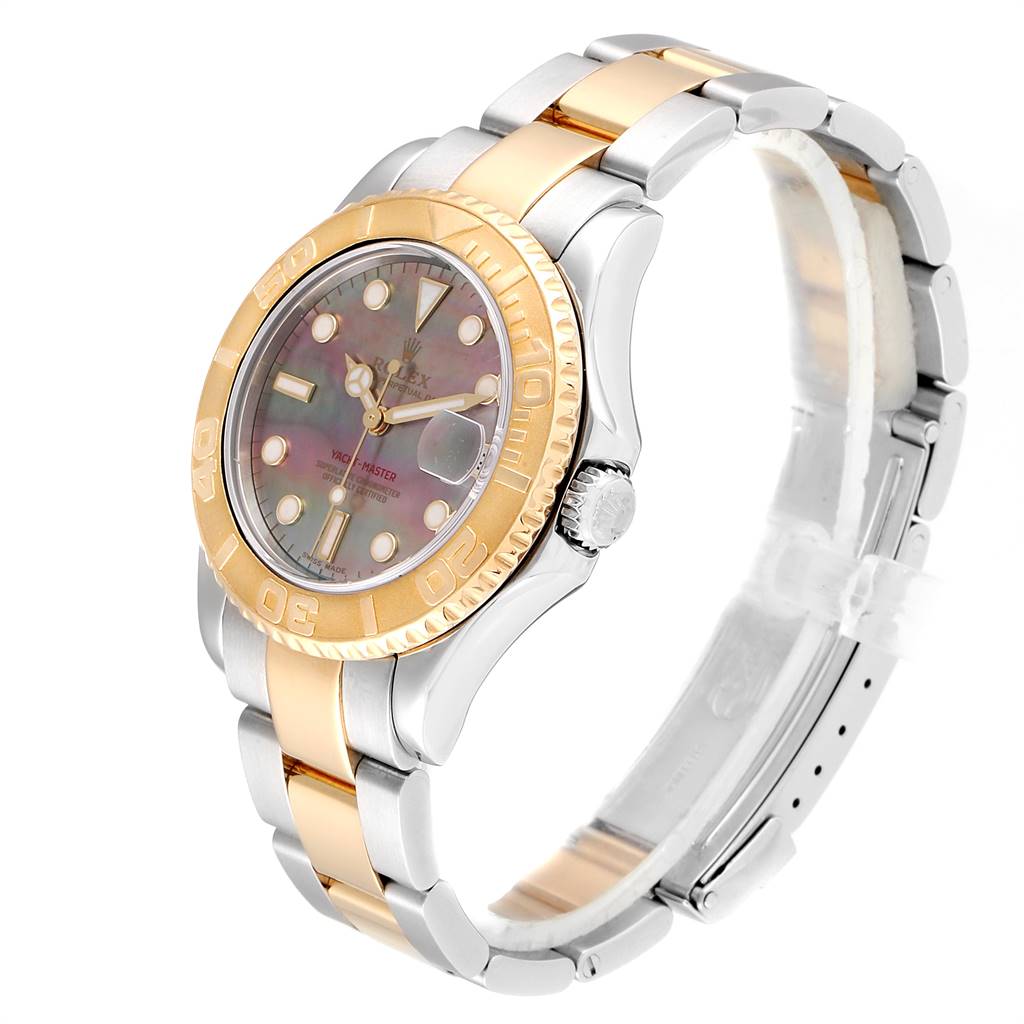 This image shows a side angle of a Rolex Yacht-Master 168623 Men
s Steel and Gold (two tone) Mother of Pearl Dial 168623 Men
s Steel and Gold (two tone) Mother of Pearl Dial watch, highlighting the case, bezel, dial, and bracelet.