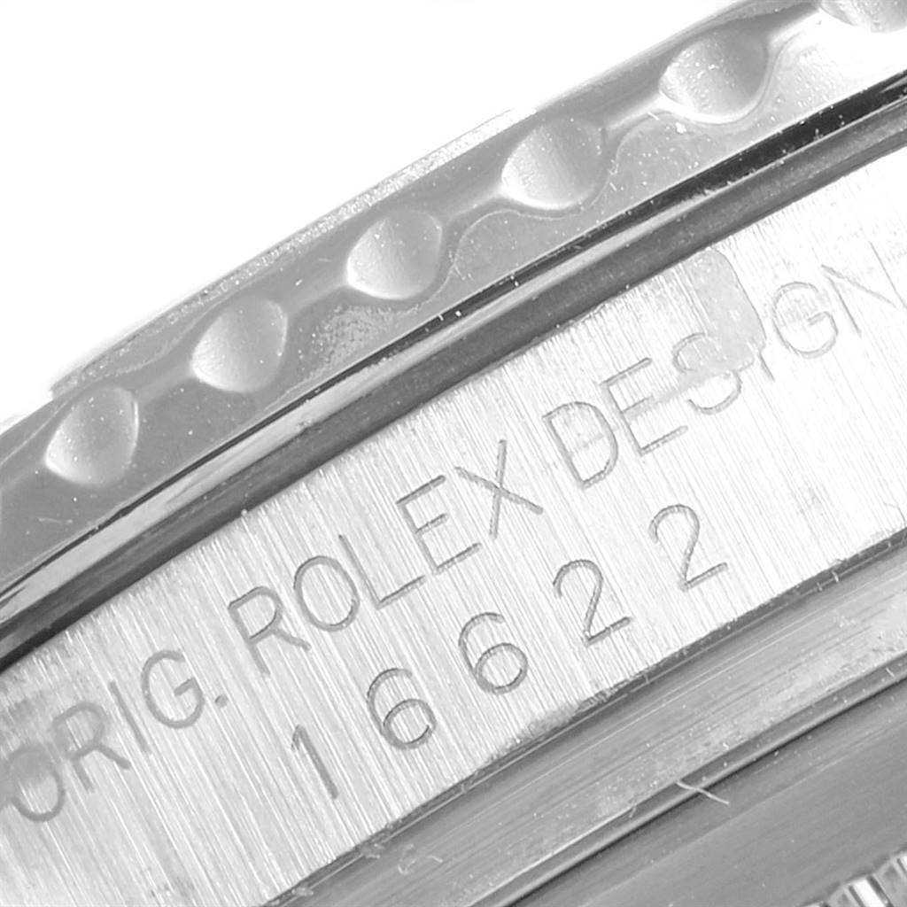 The image shows a close-up of the Rolex Yacht-Master 16622 Men
s Stainless Steel Silver Dial 16622 Men
s Stainless Steel Silver Dial
s bezel and case with the model number 16622.