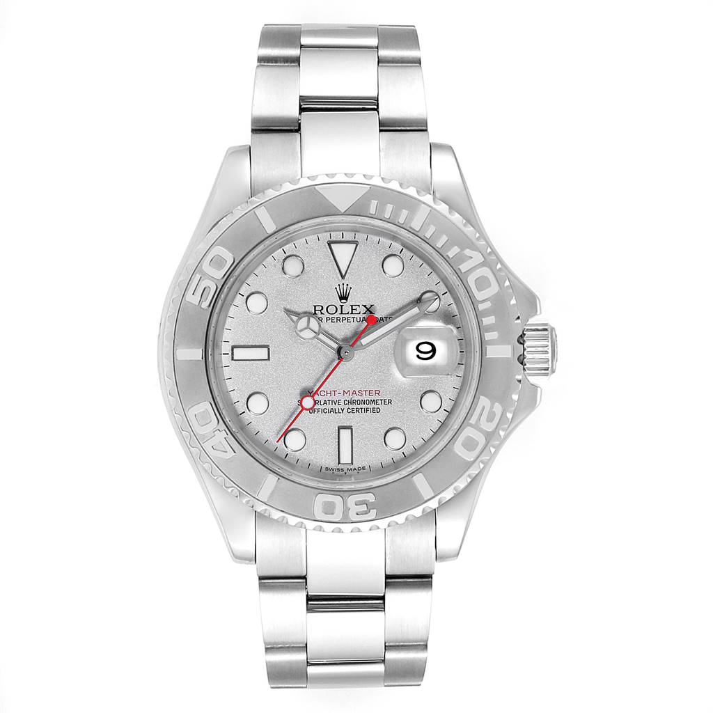 The image shows a front view of a Rolex Yacht-Master 16622 Men
s Stainless Steel Silver Dial 16622 Men
s Stainless Steel Silver Dial watch, displaying the dial, bezel, crown, and part of the bracelet.