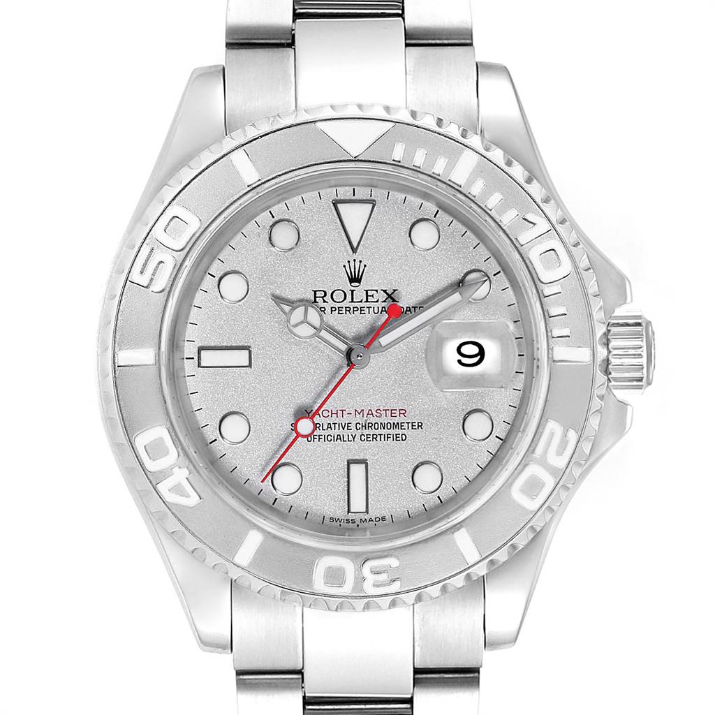 This image shows a frontal view of a Rolex Yacht-Master 16622 Men
s Stainless Steel Silver Dial 16622 Men
s Stainless Steel Silver Dial, highlighting the dial, bezel, and part of the bracelet.