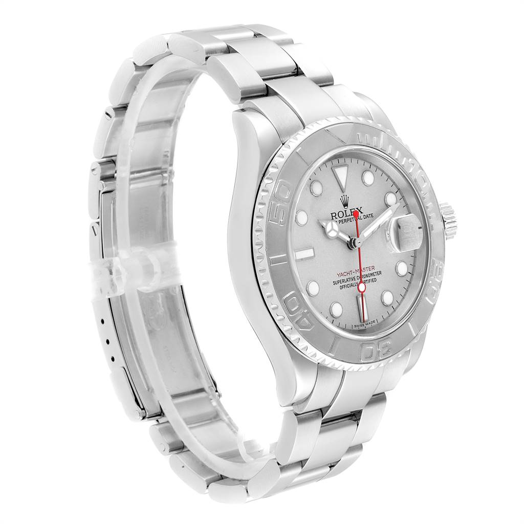 The Rolex Yacht-Master 16622 Men
s Stainless Steel Silver Dial 16622 Men
s Stainless Steel Silver Dial watch is shown at a three-quarter angle, highlighting the dial, bezel, and bracelet.