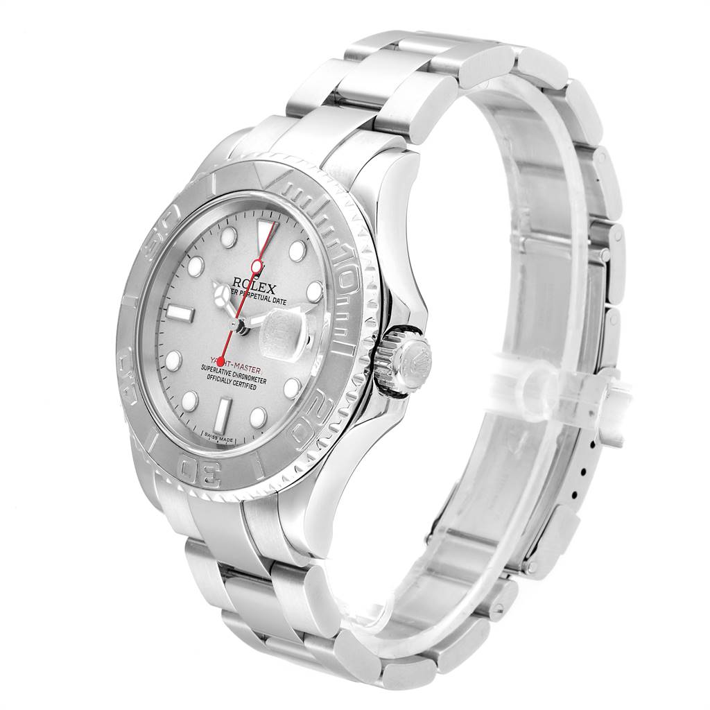 The Rolex Yacht-Master 16622 Men
s Stainless Steel Silver Dial 16622 Men
s Stainless Steel Silver Dial watch is shown at a slightly angled side view, displaying the face, bezel, crown, and bracelet.