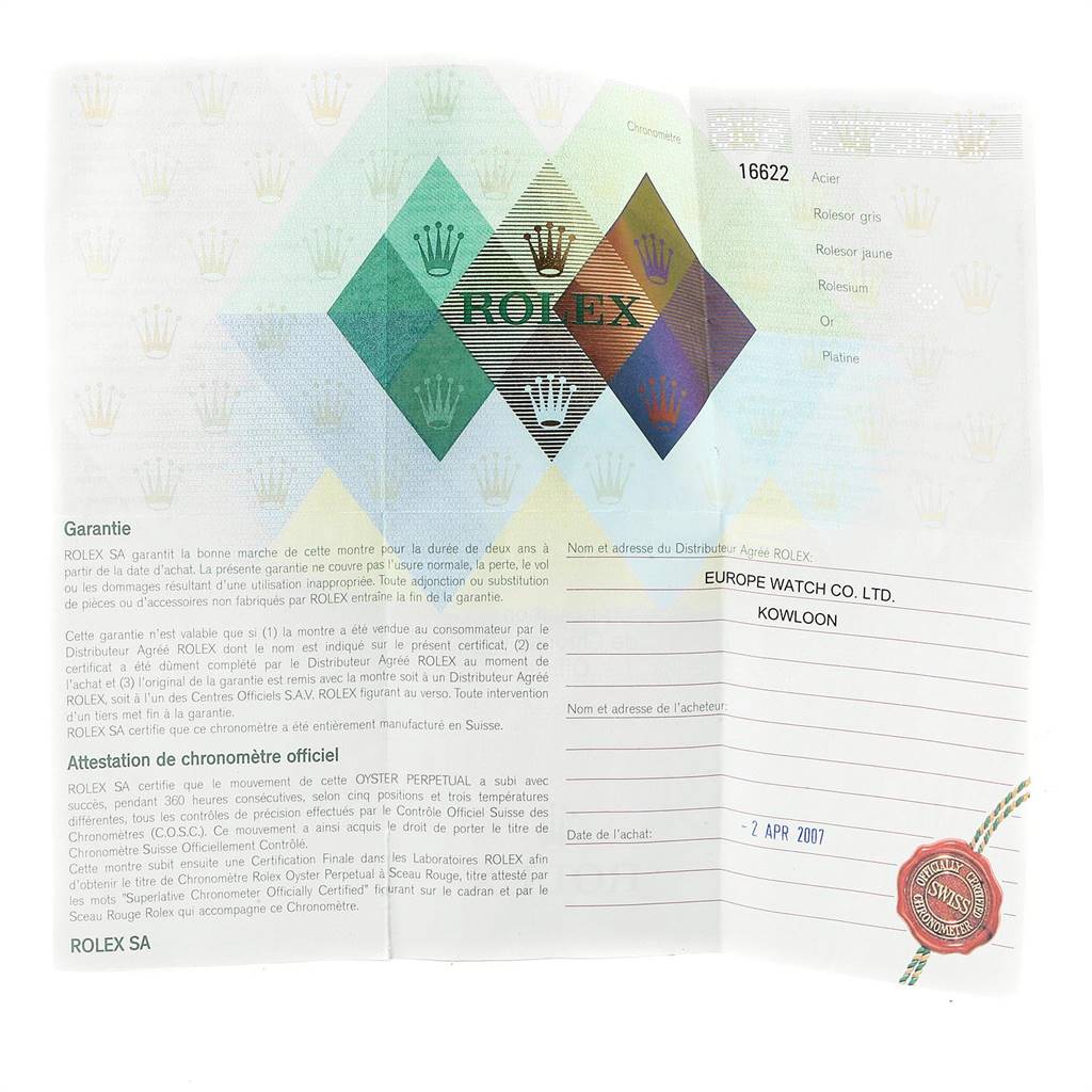 The image shows a certificate or guarantee for a Rolex Yacht-Master 16622 Men
s Stainless Steel Silver Dial 16622 Men
s Stainless Steel Silver Dial watch model.