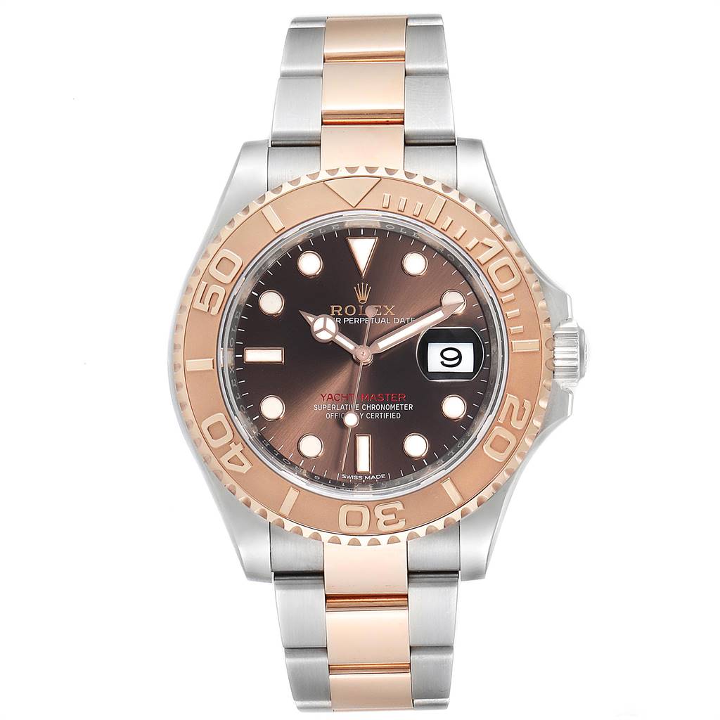 This image shows a front view of the Rolex Yacht-Master 116621 Men's Stainless Steel Brown Dial 116621 Men's Stainless Steel Brown Dial watch, highlighting the face, bezel, and bracelet.
