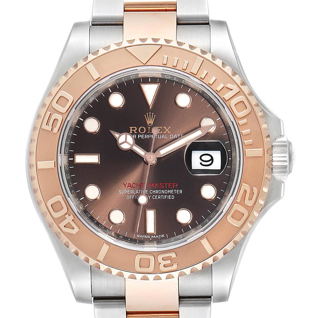 The image shows a front view of the Rolex Yacht-Master 116621 Men's Stainless Steel Brown Dial 116621 Men's Stainless Steel Brown Dial watch, highlighting its face, bezel, and part of the bracelet.