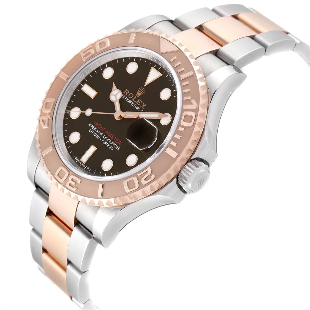 The Rolex Yacht-Master 116621 Men's Stainless Steel Brown Dial 116621 Men's Stainless Steel Brown Dial watch is shown at an angled side view, highlighting the dial, bezel, and part of the bracelet.