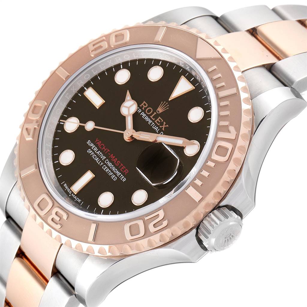 The image shows a close-up angle of the Rolex Yacht-Master 116621 Men's Stainless Steel Brown Dial 116621 Men's Stainless Steel Brown Dial watch, highlighting the dial, bezel, and part of the bracelet.
