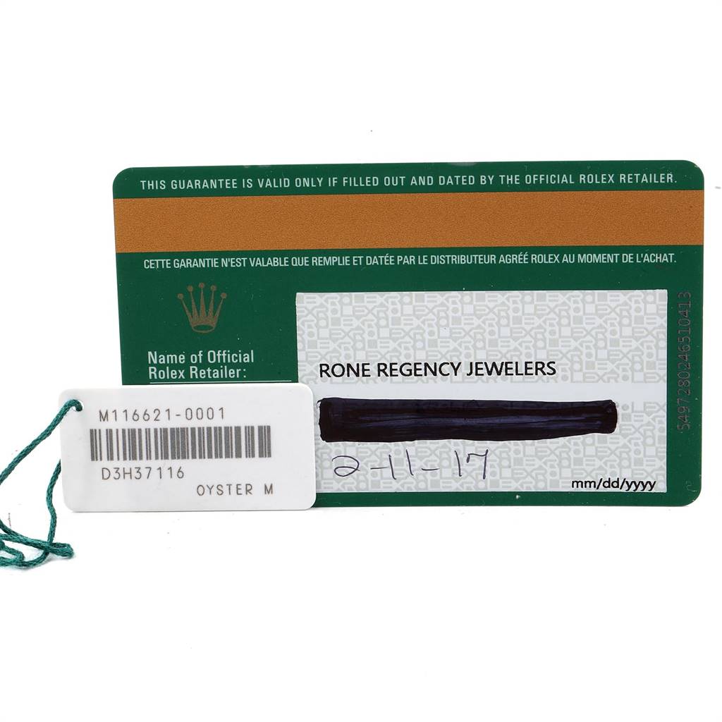 The image shows the warranty card and tag for a Rolex Yacht-Master 116621 Men's Stainless Steel Brown Dial 116621 Men's Stainless Steel Brown Dial watch, model Oyster M.