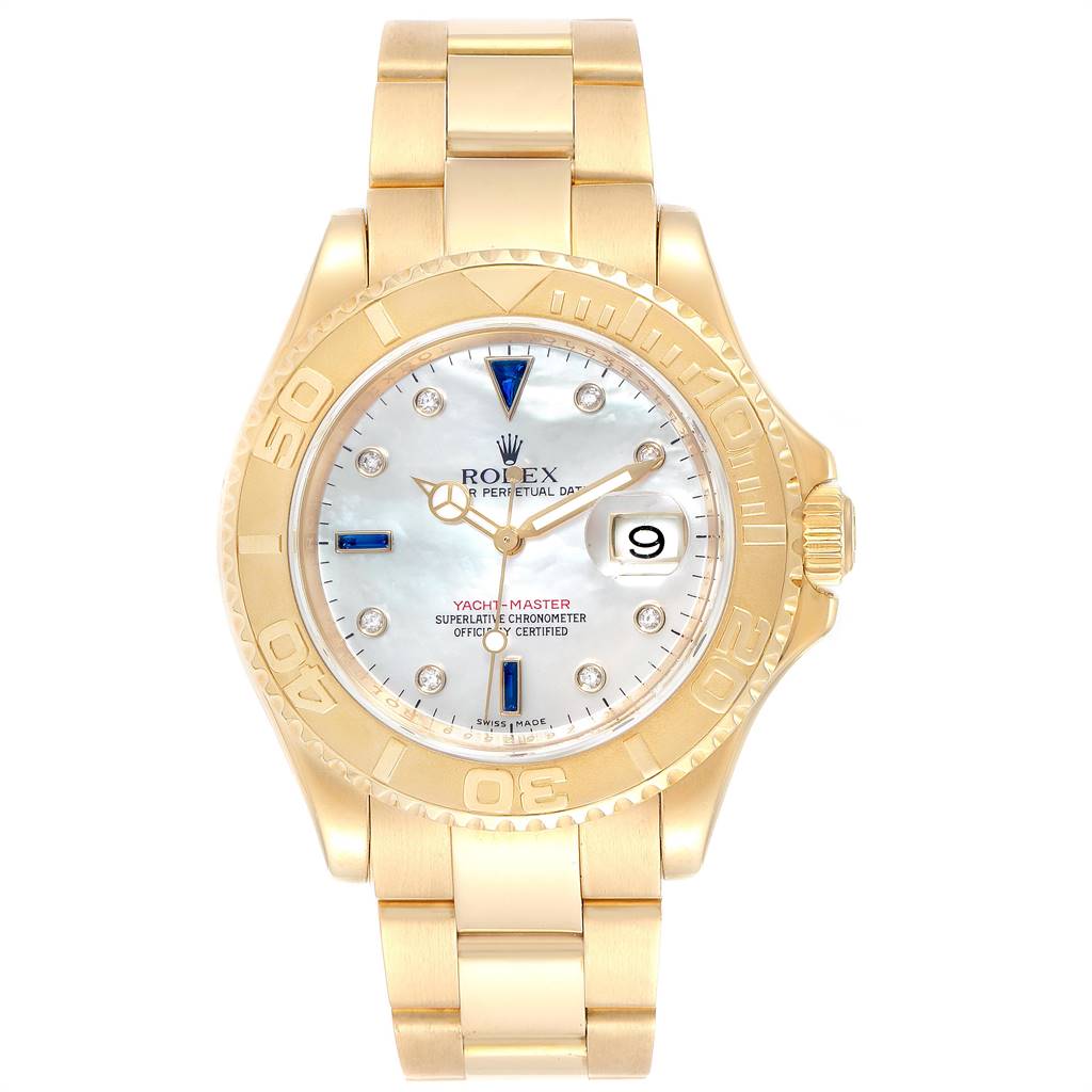 The Rolex Yacht-Master 26029 Men
s Yellow Gold Mother of Pearl Dial 26029 Men
s Yellow Gold Mother of Pearl Dial watch is shown from a front angle, highlighting its face, bezel, and part of the bracelet.