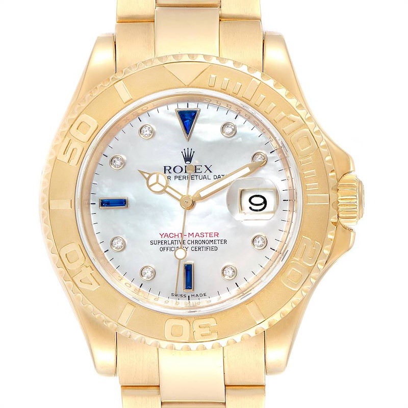 Rolex Yachtmaster Yellow Gold MOP Diamond Sapphire Serti Watch 16628 SwissWatchExpo
