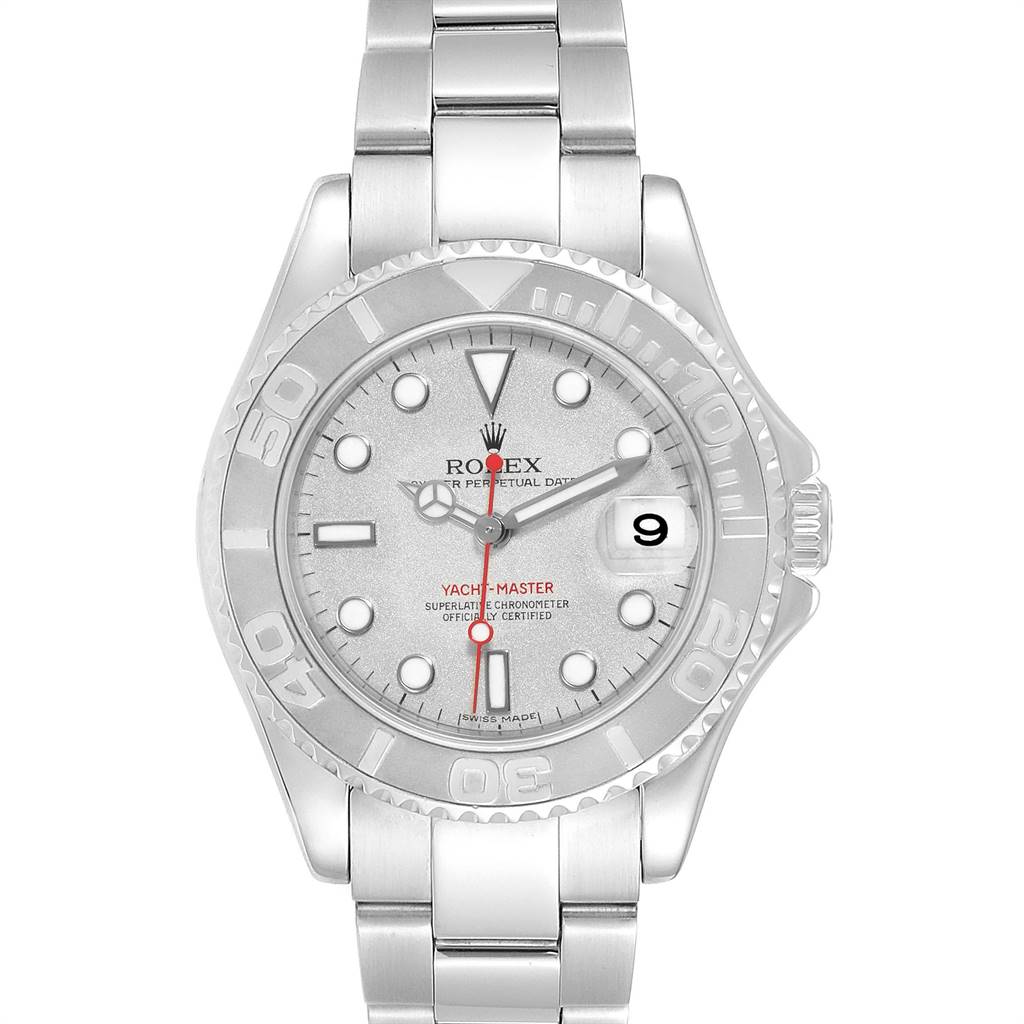 This is a front view of a Rolex Yacht-Master 168622 Men
s Stainless Steel Silver Dial 168622 Men
s Stainless Steel Silver Dial watch, showing the dial, bezel, watch hands, date window, and bracelet.