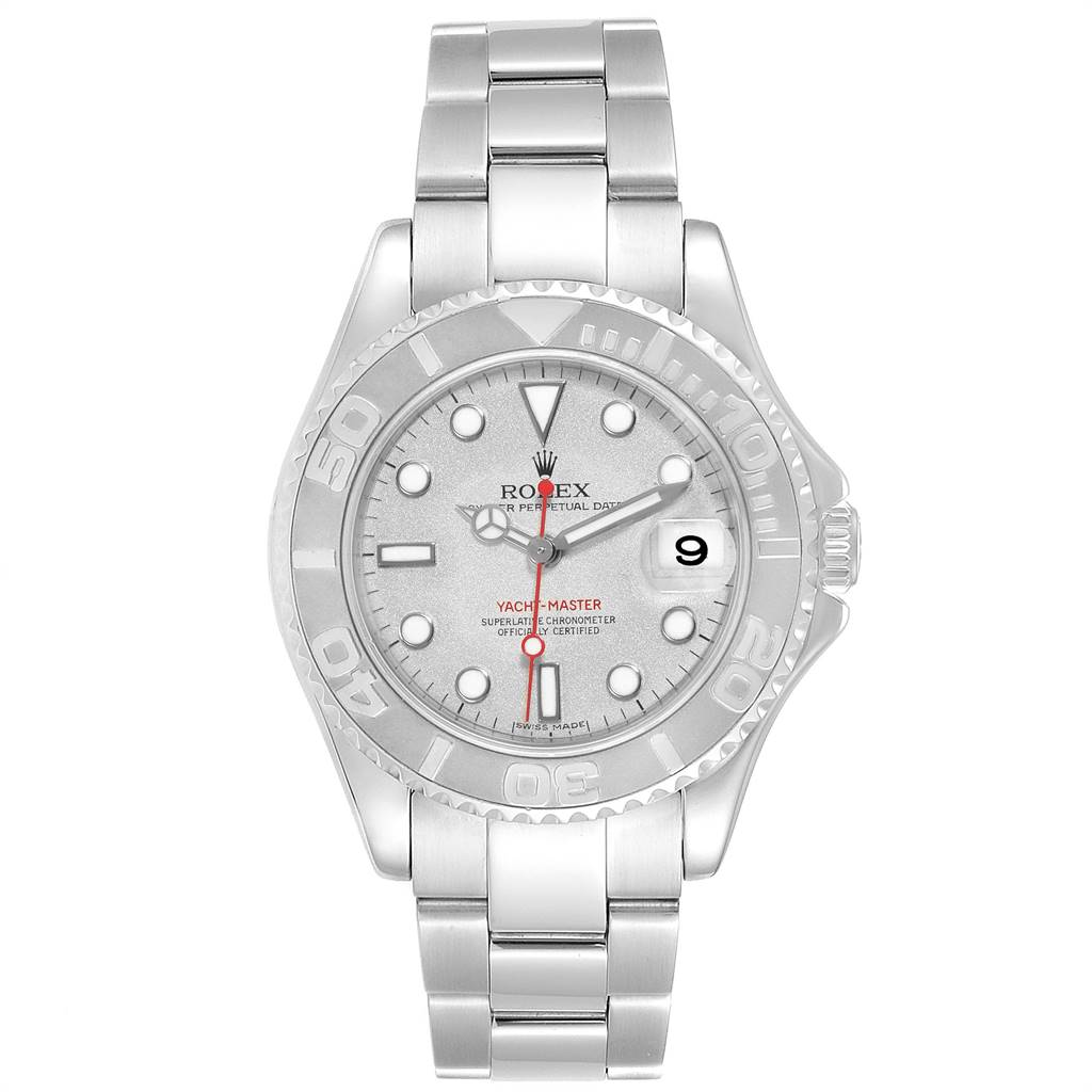 This image shows a front view of the Rolex Yacht-Master 168622 Men
s Stainless Steel Silver Dial 168622 Men
s Stainless Steel Silver Dial watch, displaying its dial, bezel, and bracelet.
