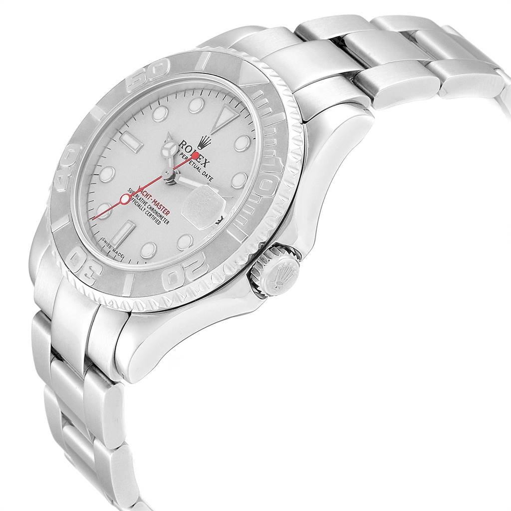 The image shows a side angle of a Rolex Yacht-Master 168622 Men
s Stainless Steel Silver Dial 168622 Men
s Stainless Steel Silver Dial watch displaying the case, bezel, crown, dial, and part of the bracelet.