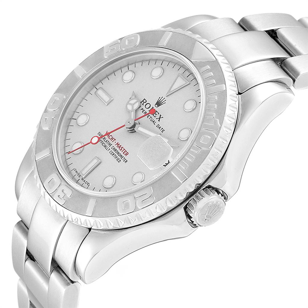 The image shows a Rolex Yacht-Master 168622 Men
s Stainless Steel Silver Dial 168622 Men
s Stainless Steel Silver Dial watch at an angle highlighting the bezel, dial, bracelet, and crown.