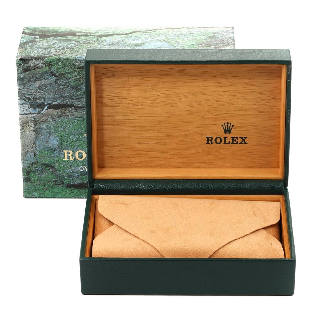 This image shows a Rolex Yacht-Master 168623 Men's Steel and Gold (two tone) Grey Dial 168623 Men's Steel and Gold (two tone) Grey Dial watch box, with the lid open and a smaller suede pouch inside.