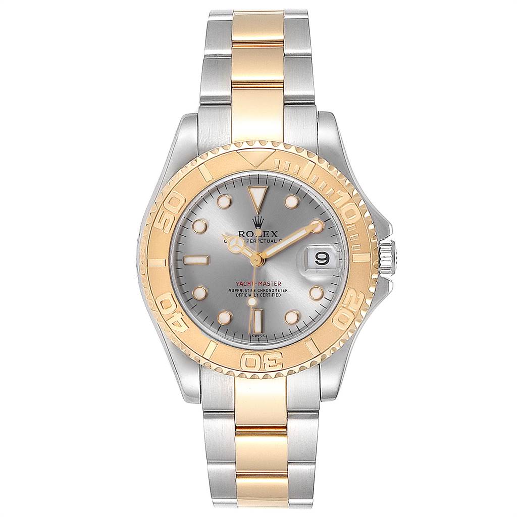 This image shows a front view of the Rolex Yacht-Master 168623 Men's Steel and Gold (two tone) Grey Dial 168623 Men's Steel and Gold (two tone) Grey Dial watch, displaying the dial, bezel, crown, and two-tone bracelet.