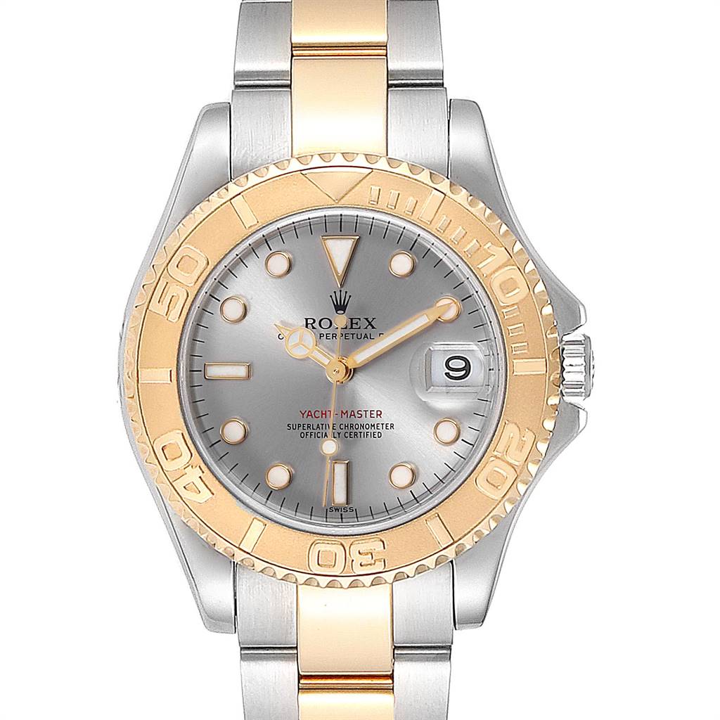 This image shows the Rolex Yacht-Master 168623 Men's Steel and Gold (two tone) Grey Dial 168623 Men's Steel and Gold (two tone) Grey Dial watch from a front angle, displaying the dial, bezel, and bracelet.