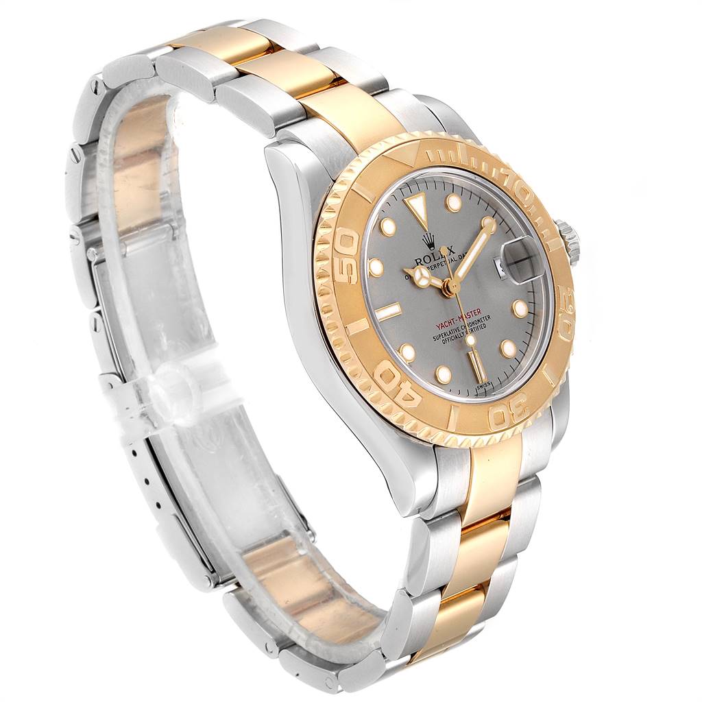 This image shows a Rolex Yacht-Master 168623 Men's Steel and Gold (two tone) Grey Dial 168623 Men's Steel and Gold (two tone) Grey Dial watch angled to display the face, bezel, and bracelet.