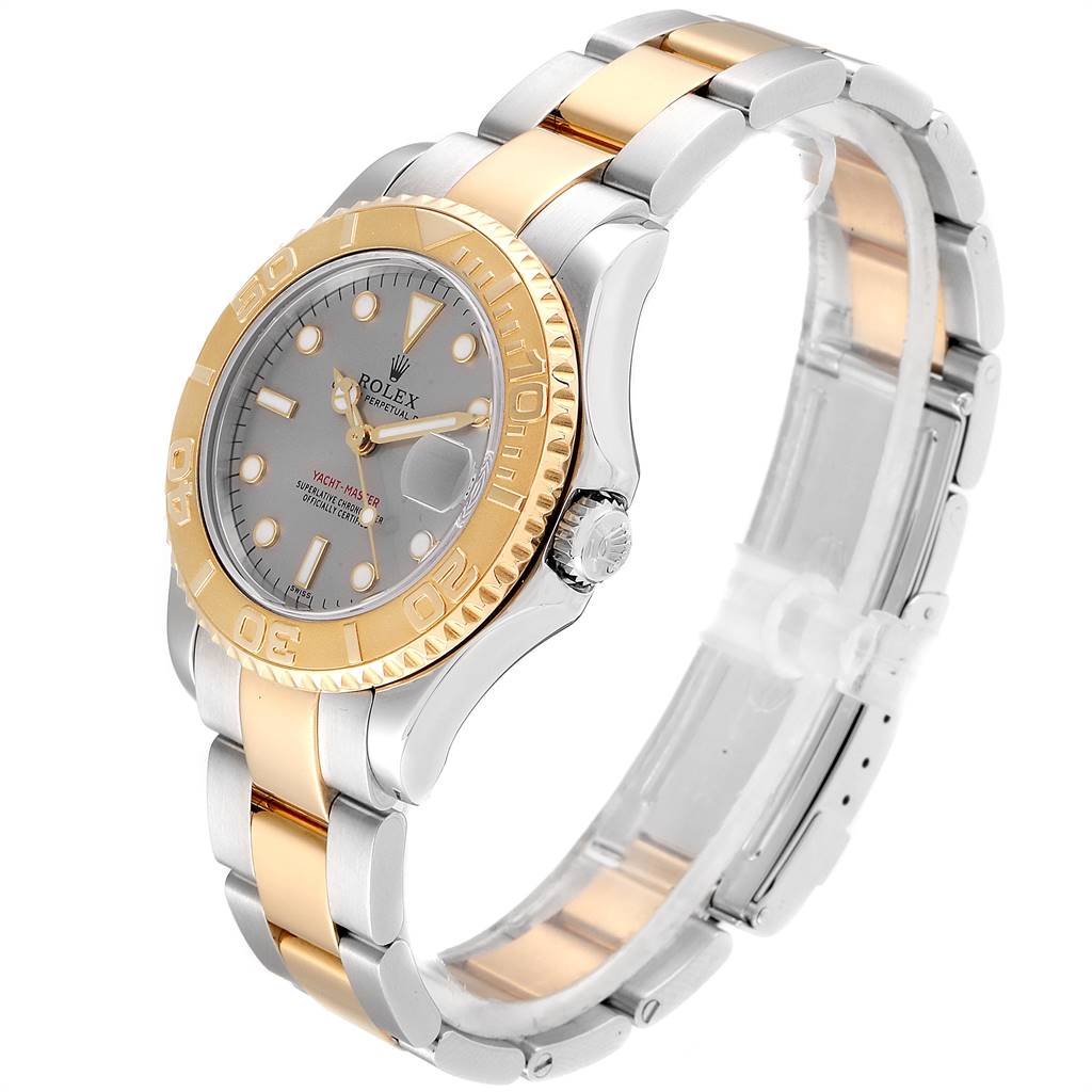 The Rolex Yacht-Master 168623 Men's Steel and Gold (two tone) Grey Dial 168623 Men's Steel and Gold (two tone) Grey Dial watch is shown at an angle displaying its face, crown, and two-toned bracelet.