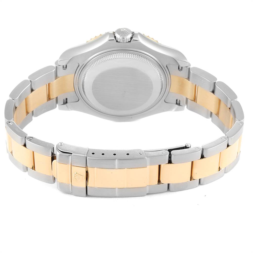 The image shows the back view of the Rolex Yacht-Master 168623 Men's Steel and Gold (two tone) Grey Dial 168623 Men's Steel and Gold (two tone) Grey Dial watch with its two-tone bracelet and clasp.