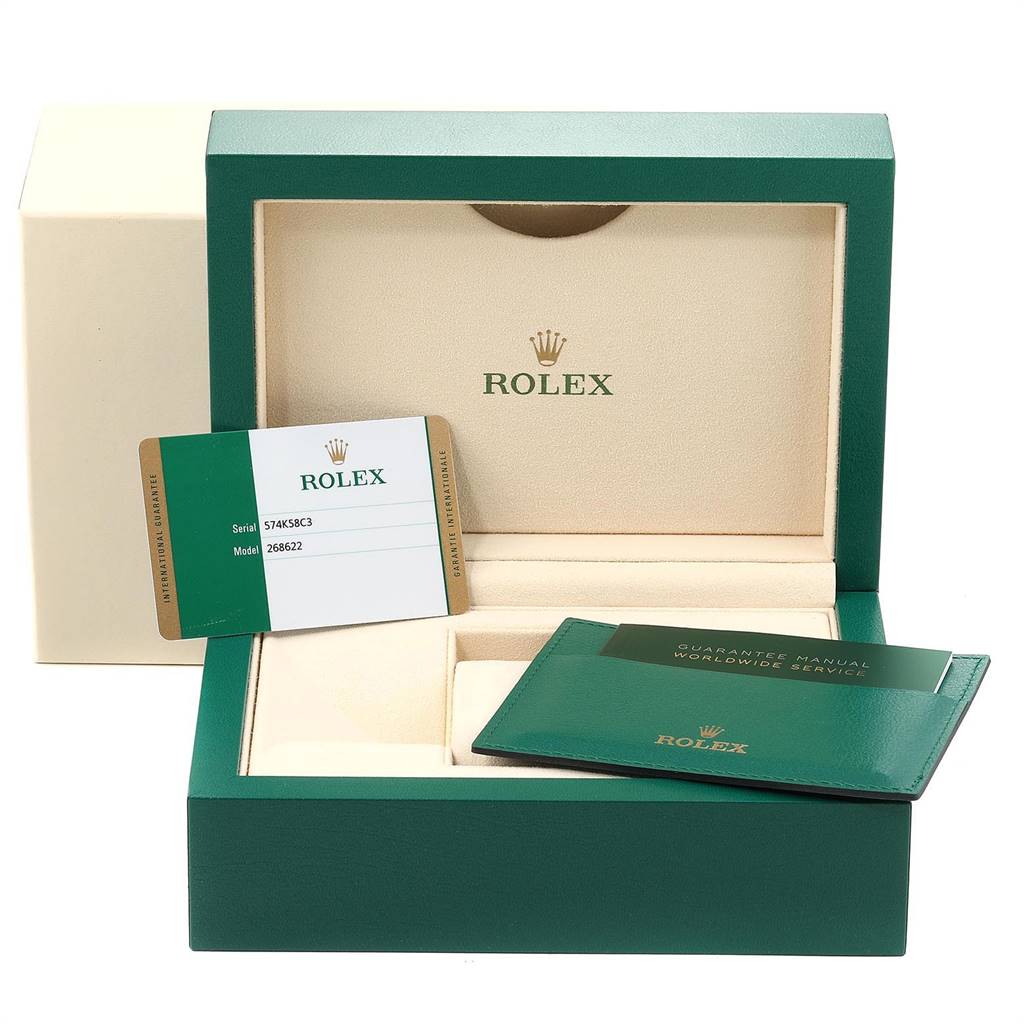 The image displays the box, warranty card, and manual for the Rolex Yacht-Master 268622 Men
s Stainless Steel Grey Dial 268622 Men
s Stainless Steel Grey Dial watch model.