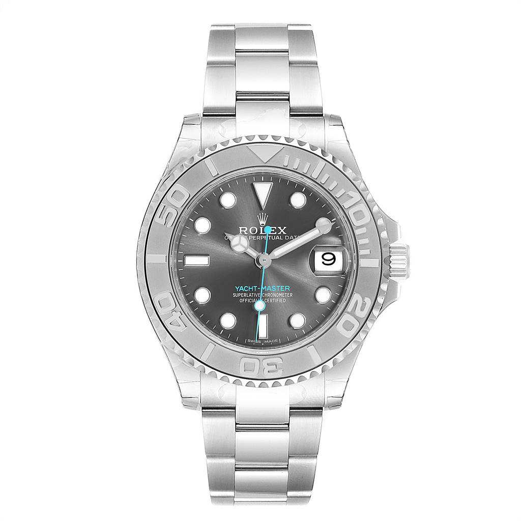 This Rolex Yacht-Master 268622 Men
s Stainless Steel Grey Dial 268622 Men
s Stainless Steel Grey Dial watch is shown from a front angle, displaying the dial, bezel, case, and bracelet.