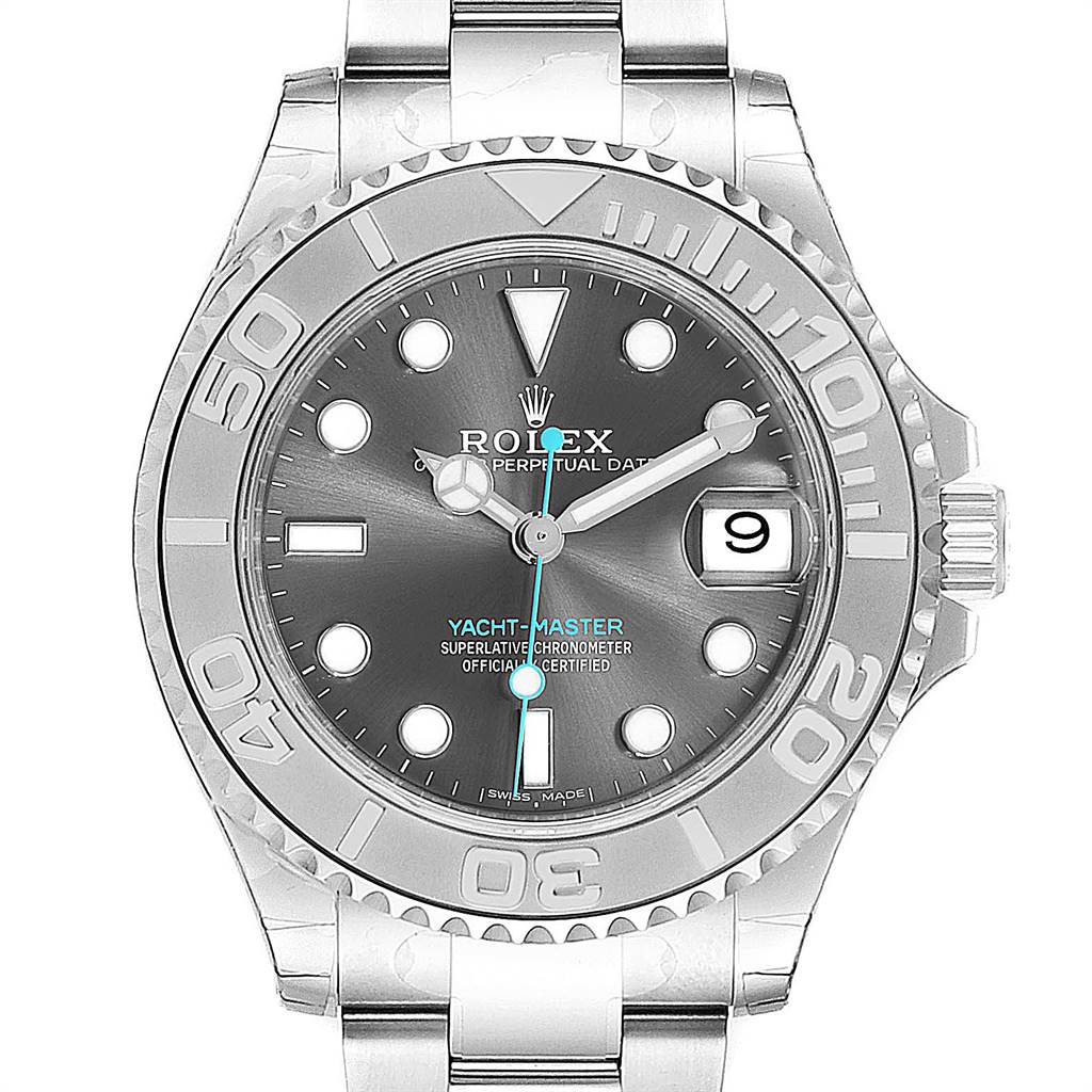 This image shows the front view of a Rolex Yacht-Master 268622 Men
s Stainless Steel Grey Dial 268622 Men
s Stainless Steel Grey Dial watch, highlighting the dial, bezel, and part of the bracelet.