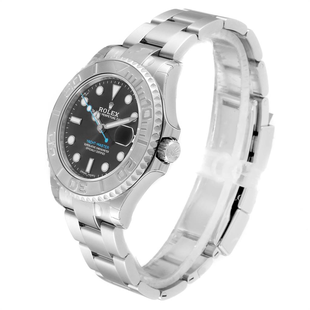 The image shows a Rolex Yacht-Master 268622 Men
s Stainless Steel Grey Dial 268622 Men
s Stainless Steel Grey Dial watch from an angled side view, highlighting its face, bezel, crown, and metal bracelet.