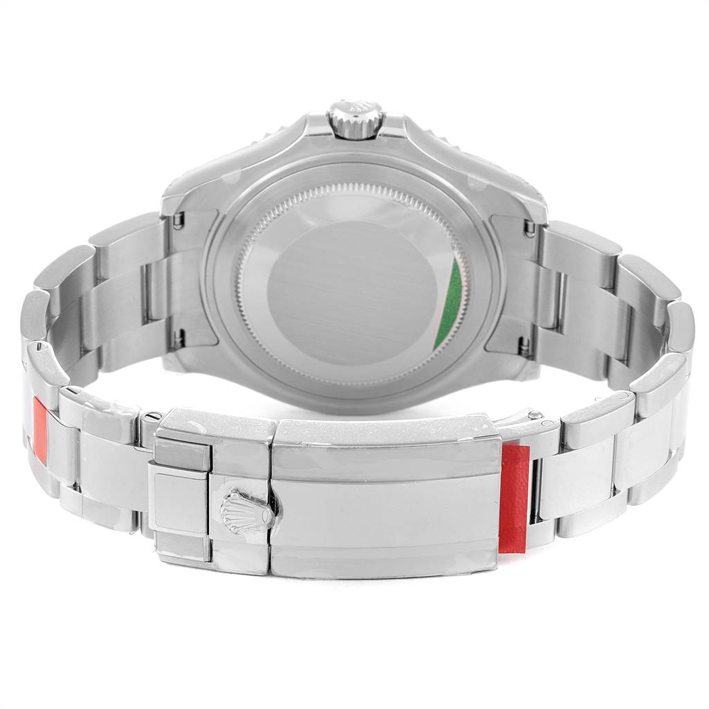 This image shows the rear view of a Rolex Yacht-Master 268622 Men
s Stainless Steel Grey Dial 268622 Men
s Stainless Steel Grey Dial watch, displaying the case back and clasp on the bracelet.