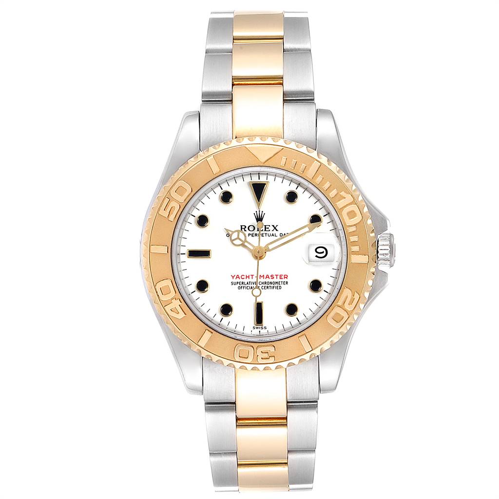 This image shows a front view of a Rolex Yacht-Master 68623 Men's Steel and Gold (two tone) White Dial 68623 Men's Steel and Gold (two tone) White Dial watch, highlighting its bezel, dial, bracelet, and crown.