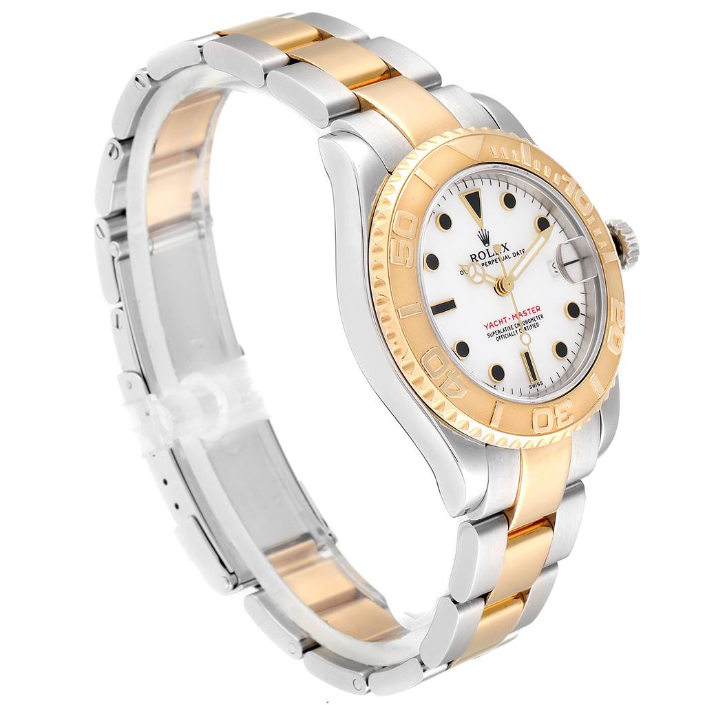 The image shows a Rolex Yacht-Master 68623 Men's Steel and Gold (two tone) White Dial 68623 Men's Steel and Gold (two tone) White Dial watch at a right-side angle, highlighting the two-tone bracelet and the gold bezel.