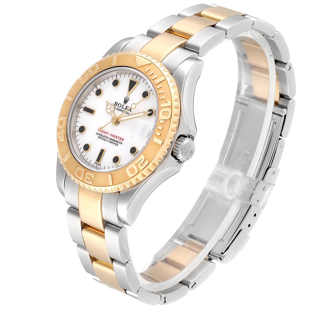 The Rolex Yacht-Master 68623 Men's Steel and Gold (two tone) White Dial 68623 Men's Steel and Gold (two tone) White Dial watch is shown at a slight angle, displaying its two-tone bracelet, dial, bezel, and crown.