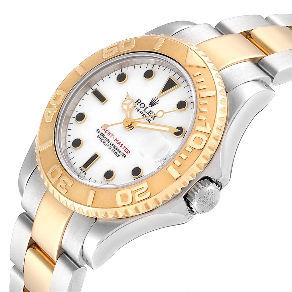 The image shows a Rolex Yacht-Master 68623 Men's Steel and Gold (two tone) White Dial 68623 Men's Steel and Gold (two tone) White Dial watch at an angle, highlighting the bezel, dial, crown, and two-tone metal bracelet.