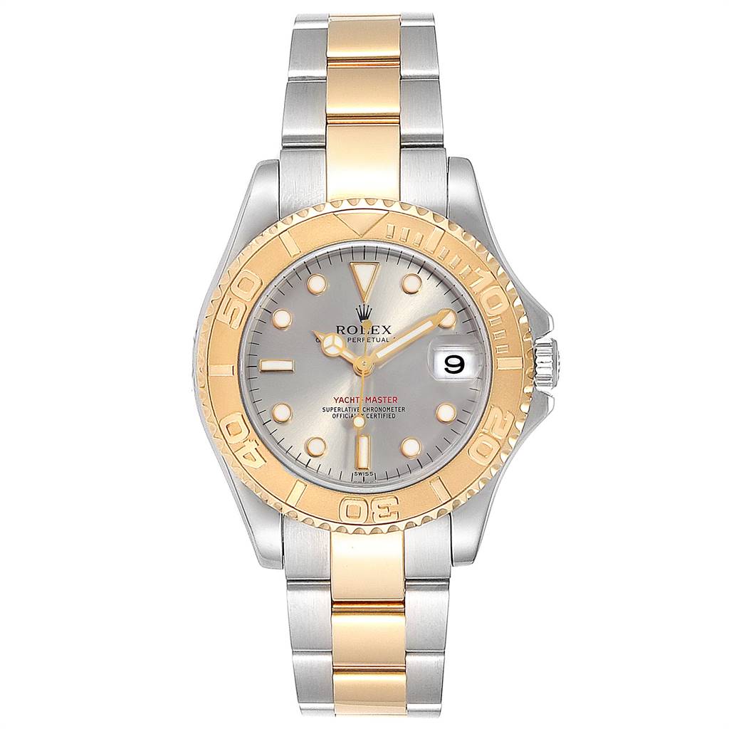 This image shows the front view of a Rolex Yacht-Master 168623 Men
s Steel and Gold (two tone) Grey Dial 168623 Men
s Steel and Gold (two tone) Grey Dial watch, highlighting the dial, bezel, and bracelet.