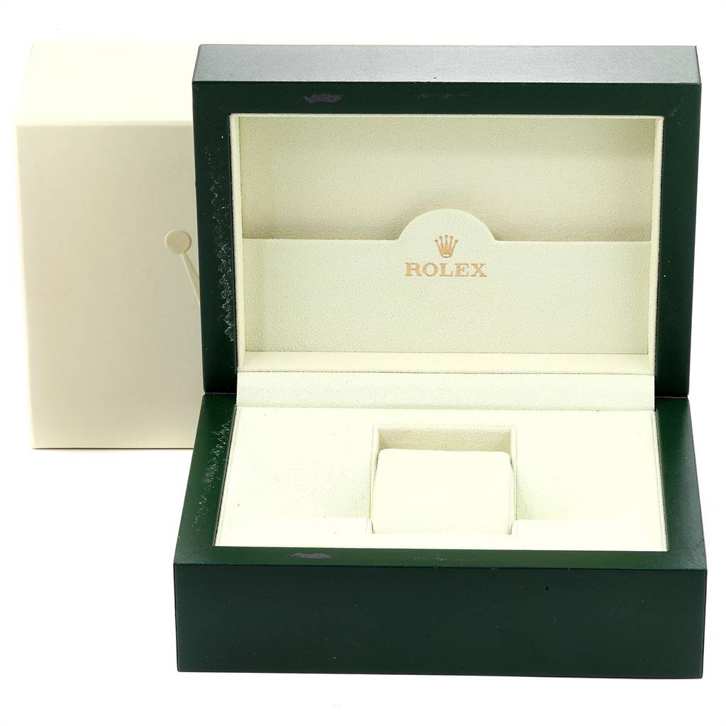 This image shows an open Rolex Yacht-Master 168623 Men
s Steel and Gold (two tone) Grey Dial 168623 Men
s Steel and Gold (two tone) Grey Dial watch box at a straight-on angle.