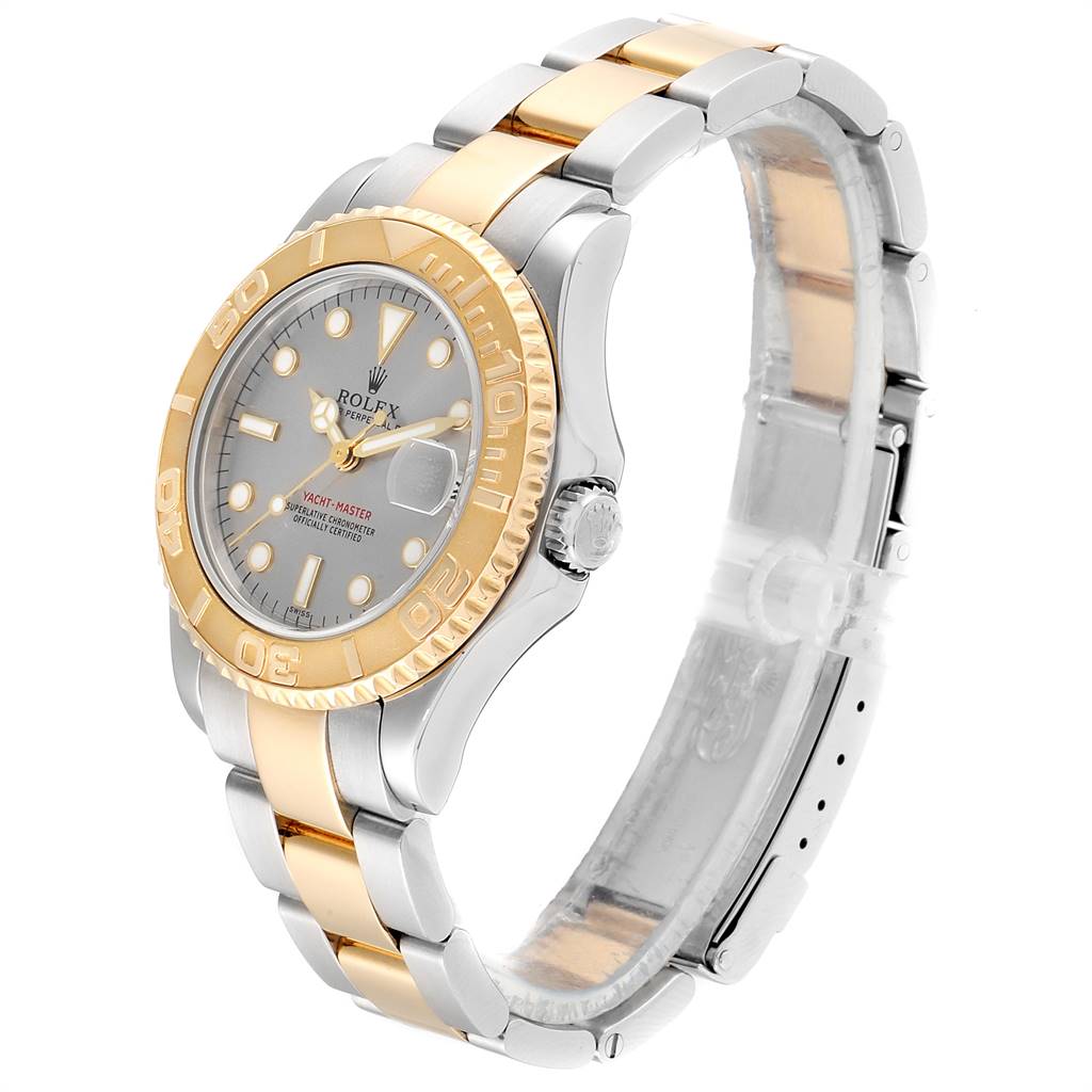 The Rolex Yacht-Master 168623 Men
s Steel and Gold (two tone) Grey Dial 168623 Men
s Steel and Gold (two tone) Grey Dial watch is shown at a three-quarter angle, featuring its bezel, dial, and two-tone bracelet.