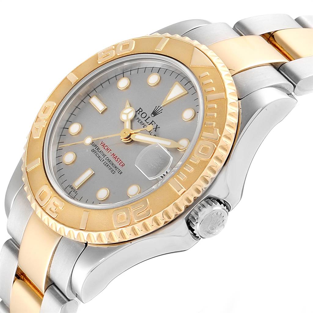 This image shows a Rolex Yacht-Master 168623 Men
s Steel and Gold (two tone) Grey Dial 168623 Men
s Steel and Gold (two tone) Grey Dial watch angled from the side, highlighting its gold bezel, silver and gold bracelet, and crown.