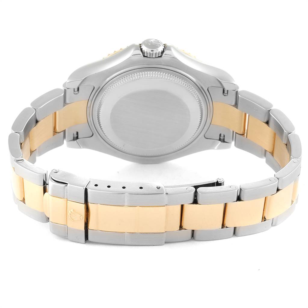 The image shows the back view of the Rolex Yacht-Master 168623 Men
s Steel and Gold (two tone) Grey Dial 168623 Men
s Steel and Gold (two tone) Grey Dial watch, highlighting the strap and clasp mechanism.