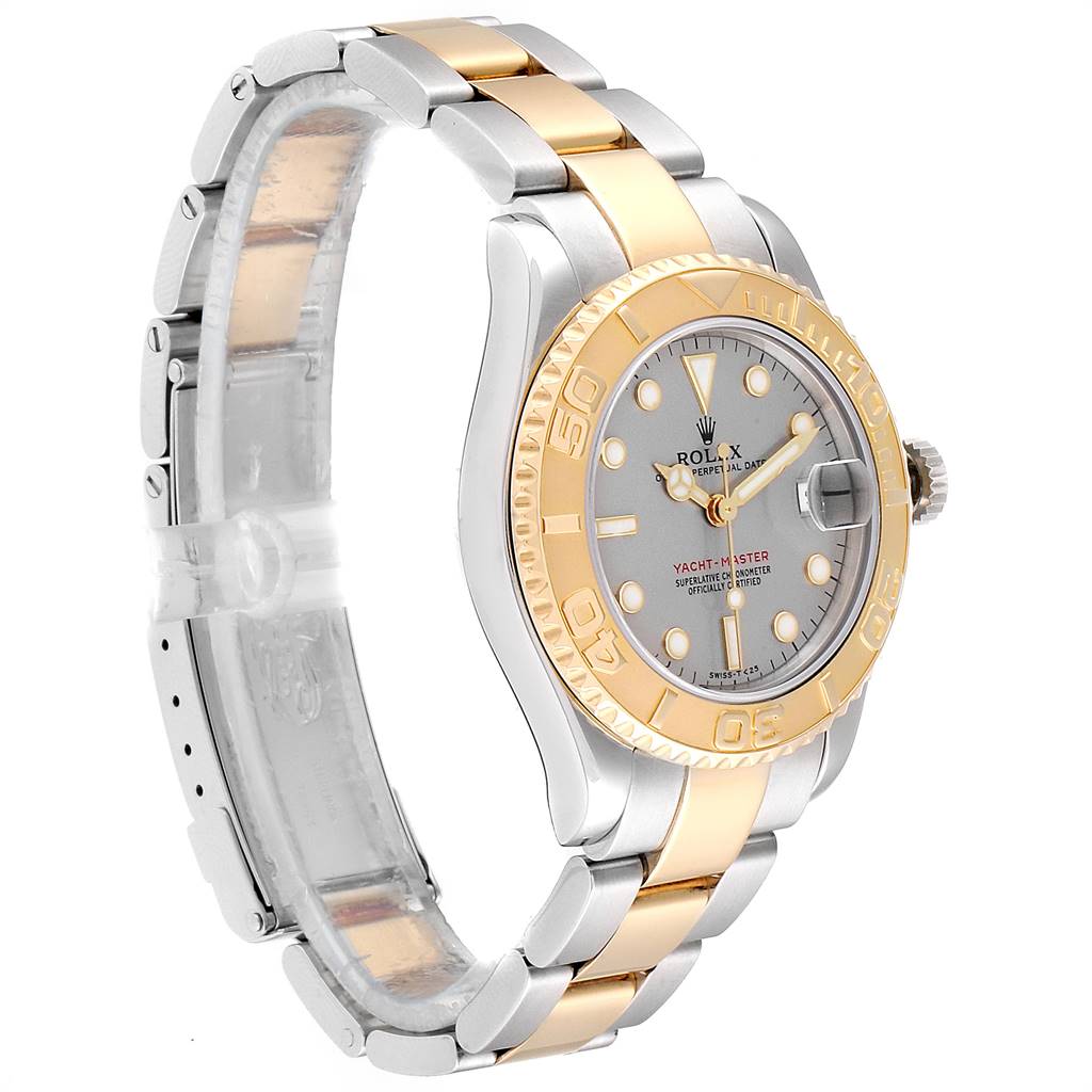 This image shows a side angle of a Rolex Yacht-Master 68623 Men
s Steel and Gold (two tone) Grey Dial 68623 Men
s Steel and Gold (two tone) Grey Dial watch, highlighting its two-tone bracelet, bezel, and dial.