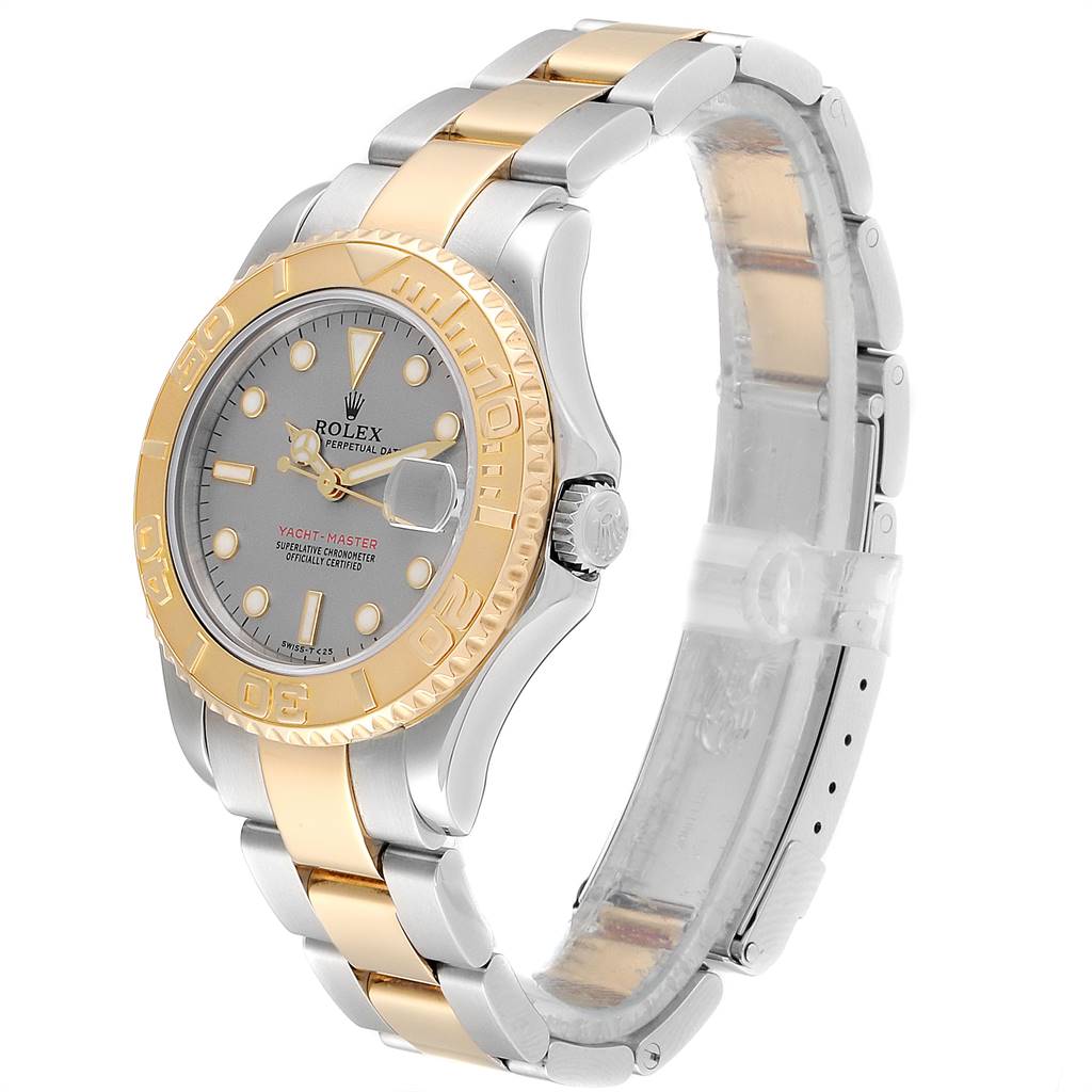 The Rolex Yacht-Master 68623 Men
s Steel and Gold (two tone) Grey Dial 68623 Men
s Steel and Gold (two tone) Grey Dial watch is shown from a three-quarter angle, highlighting the bezel, dial, and partially the band.
