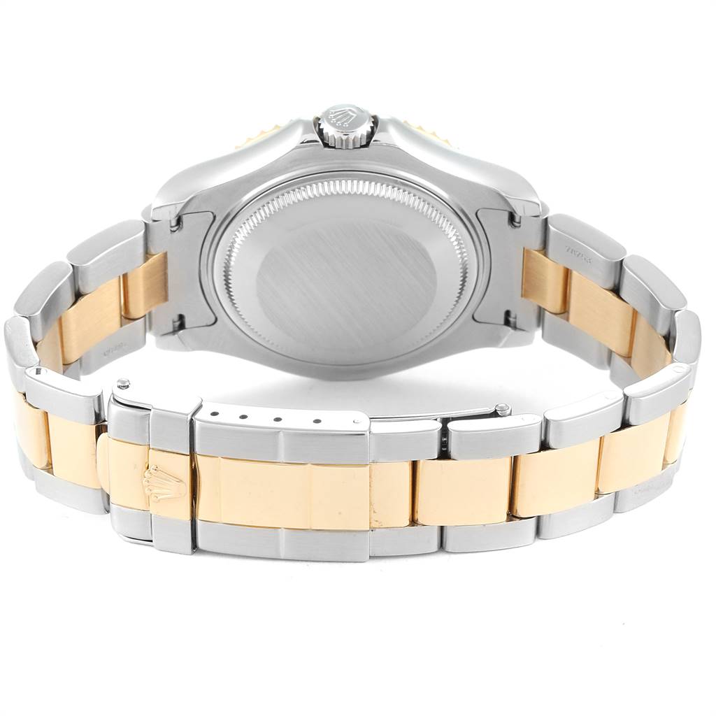 The image shows the back of a Rolex Yacht-Master 68623 Men
s Steel and Gold (two tone) Grey Dial 68623 Men
s Steel and Gold (two tone) Grey Dial watch, highlighting the case back and two-tone bracelet.