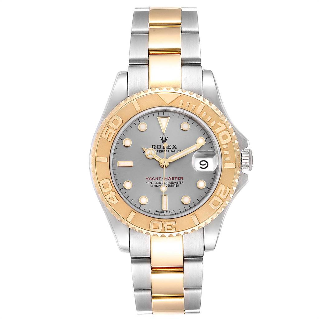 The Rolex Yacht-Master 68623 Men
s Steel and Gold (two tone) Grey Dial 68623 Men
s Steel and Gold (two tone) Grey Dial watch is shown from a front angle, displaying its dial, bezel, bracelet, and crown.