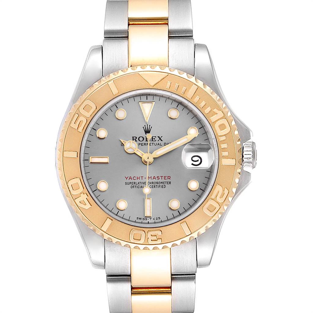 The image shows a front view of the Rolex Yacht-Master 68623 Men
s Steel and Gold (two tone) Grey Dial 68623 Men
s Steel and Gold (two tone) Grey Dial watch, highlighting its face, bezel, and bracelet.