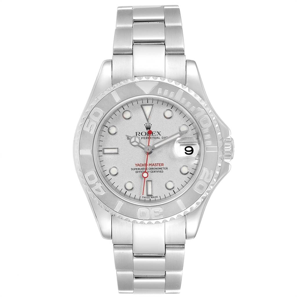 This image shows a front view of the Rolex Yacht-Master 168622 Men
s Stainless Steel Silver Dial 168622 Men
s Stainless Steel Silver Dial watch, displaying the dial, bezel, bracelet, and date window.