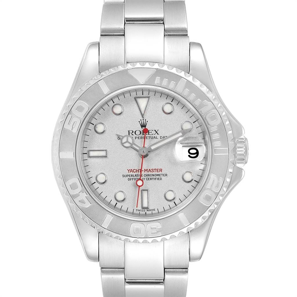 This is a front view of the Rolex Yacht-Master 168622 Men
s Stainless Steel Silver Dial 168622 Men
s Stainless Steel Silver Dial watch, showing the face, bezel, and bracelet.