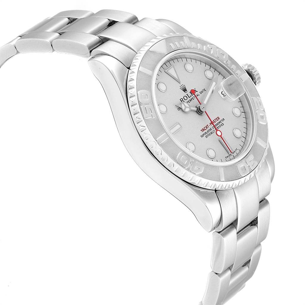 The image shows a side angle view of the Rolex Yacht-Master 168622 Men
s Stainless Steel Silver Dial 168622 Men
s Stainless Steel Silver Dial watch, highlighting its bracelet, case, bezel, and dial.